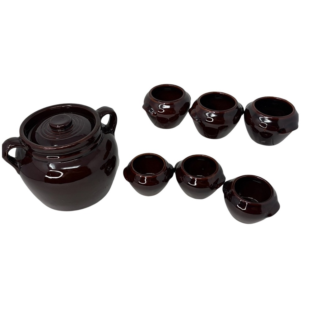 Vintage USA Brown Bean Pot Set 7 Pc Stoneware Crock Soup Bowls w Lid Handles